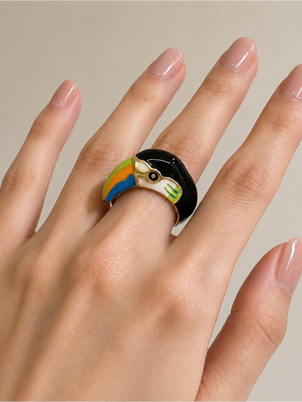 Statement Toucan Ring-Colorful Enamel Black & Gold Tone Bird Ring